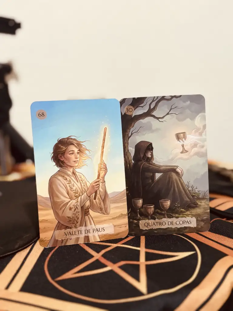 Cartas Valete de Paus e Quatro de Copas em destaque, com o fundo desfocado.